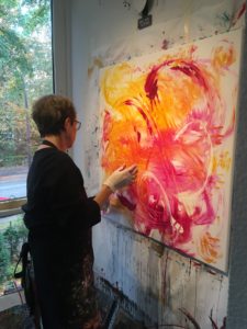 Carol K. in my atelier getting acquainted with quinacridone magenta, Indian yellow and titanium white