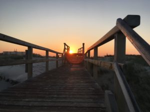 Sunrise over the wooden decks of Westerland beach, Sylt